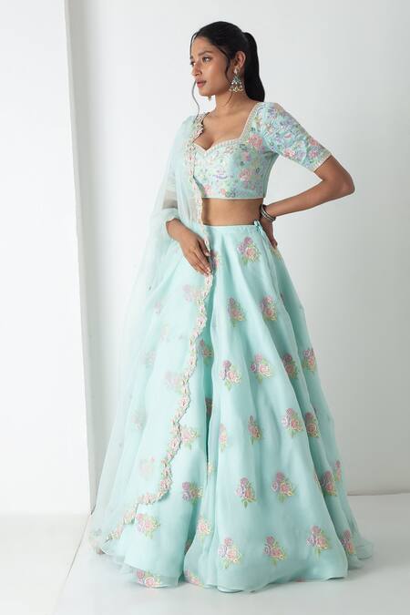 Chhaya Mehrotra_Aqua Silk Organza, Chanderi Embroidery Round Neck Floral Lehenga Set _Online_at_Aza_Fashions