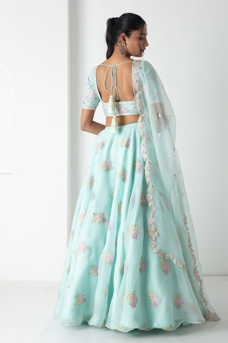 Chhaya Mehrotra Aqua Floral Embroidered Lehenga Set 