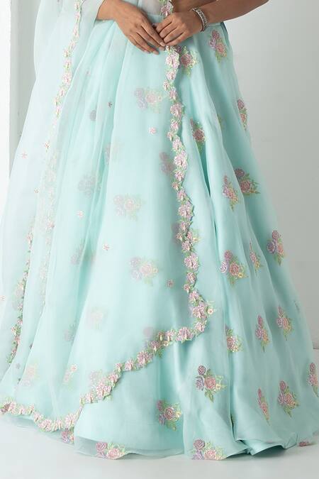 Buy_Chhaya Mehrotra_Aqua Silk Organza, Chanderi Embroidery Round Neck Floral Lehenga Set _Online_at_Aza_Fashions