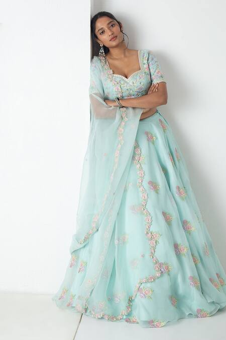 Shop_Chhaya Mehrotra_Aqua Silk Organza, Chanderi Embroidery Round Neck Floral Lehenga Set _Online_at_Aza_Fashions