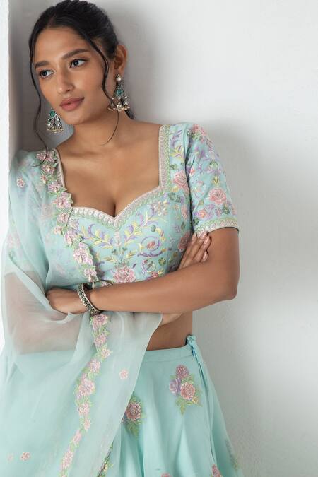 Chhaya Mehrotra_Aqua Silk Organza, Chanderi Embroidery Round Neck Floral Lehenga Set _at_Aza_Fashions