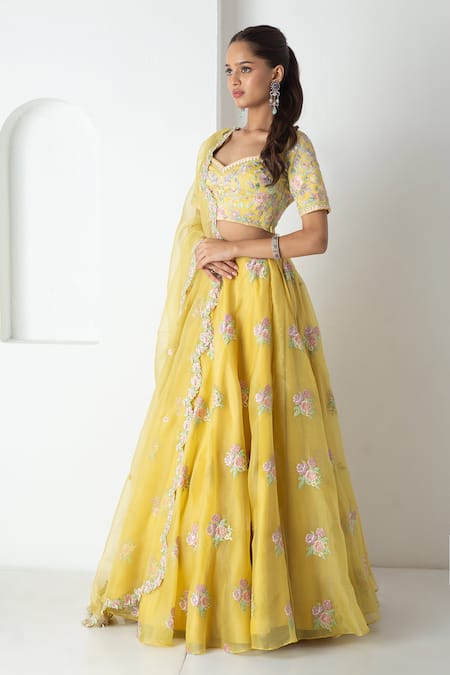 Chhaya Mehrotra_Yellow Silk Organza, Chanderi Tassels, Embroidery Illuminating Lehenga Set _Online_at_Aza_Fashions