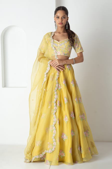 Chhaya Mehrotra Yellow Silk Organza, Chanderi Tassels, Embroidery Illuminating Lehenga Set 