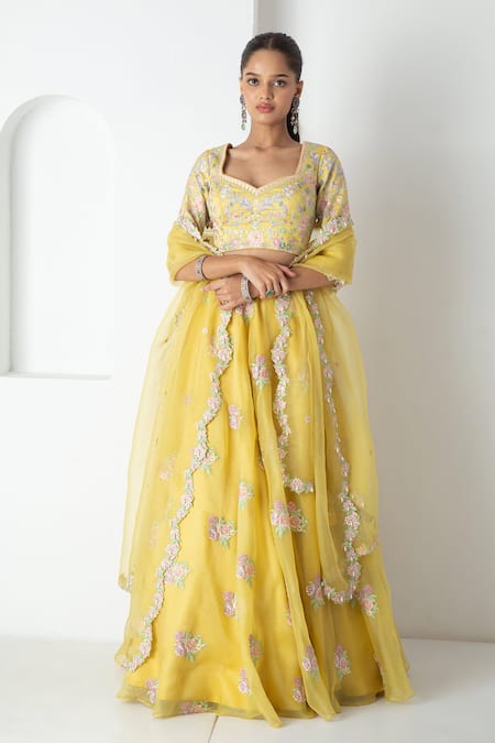 Shop_Chhaya Mehrotra_Yellow Silk Organza, Chanderi Tassels, Embroidery Illuminating Lehenga Set _Online_at_Aza_Fashions