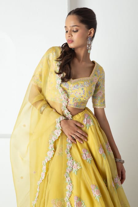Chhaya Mehrotra_Yellow Silk Organza, Chanderi Tassels, Embroidery Illuminating Lehenga Set _at_Aza_Fashions