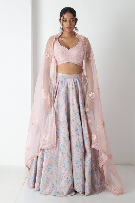 Buy Chhaya Mehrotra Peach Chanderi, Silk Organza Embroidery Round Neck Pink Lehenga Set Online at Aza Fashions Buy_Chhaya Mehrotra_Peach Chanderi, Silk Organza Embroidery Round Neck Pink Lehenga Set _Online_at_Aza_Fashions