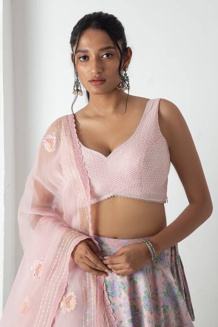 Shop Chhaya Mehrotra Peach Chanderi, Silk Organza Embroidery Round Neck Pink Lehenga Set Online at Aza Fashions Shop_Chhaya Mehrotra_Peach Chanderi, Silk Organza Embroidery Round Neck Pink Lehenga Set _Online_at_Aza_Fashions