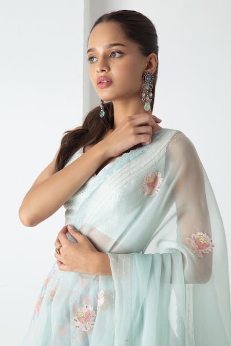 Buy Chhaya Mehrotra Aqua Chanderi, Silk Organza Embroidery V-neck Lehenga Set Online at Aza Fashions Buy_Chhaya Mehrotra_Aqua Chanderi, Silk Organza Embroidery V-neck Lehenga Set _Online_at_Aza_Fashions