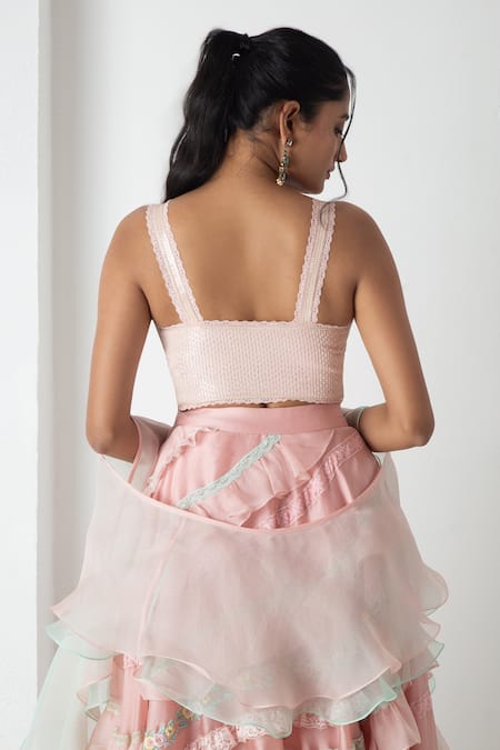 Chhaya Mehrotra Pink Silk Organza, Chanderi Ruffles, Embroidery Carnation Designer Lehenga Set Online at Aza Fashions Chhaya Mehrotra_Pink Silk Organza, Chanderi Ruffles, Embroidery Carnation Designer Lehenga Set _Online_at_Aza_Fashions