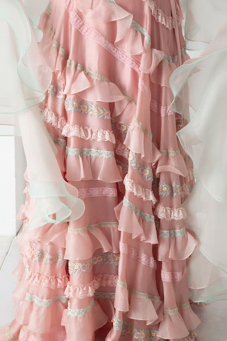 Shop Chhaya Mehrotra Pink Silk Organza, Chanderi Ruffles, Embroidery Carnation Designer Lehenga Set Online at Aza Fashions Shop_Chhaya Mehrotra_Pink Silk Organza, Chanderi Ruffles, Embroidery Carnation Designer Lehenga Set _Online_at_Aza_Fashions