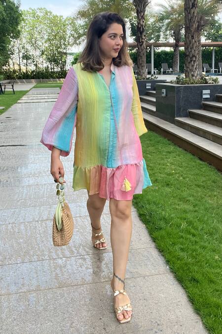 Sonam Parmar Jhawar_Collared Multicolor Crushed Dress_Online_at_Aza_Fashions