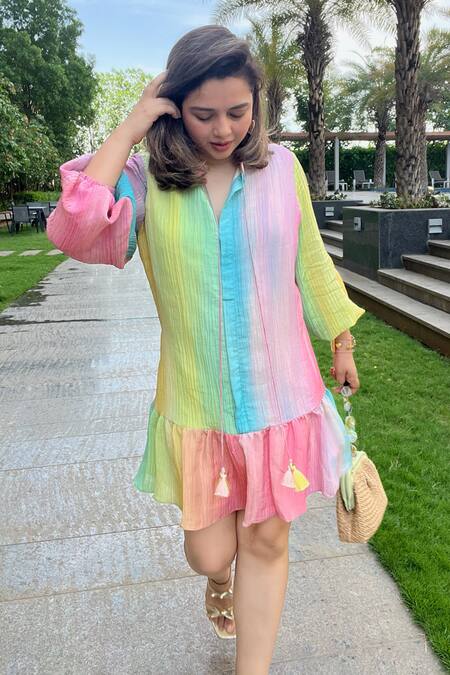 Buy_Sonam Parmar Jhawar_Collared Multicolor Crushed Dress_Online_at_Aza_Fashions