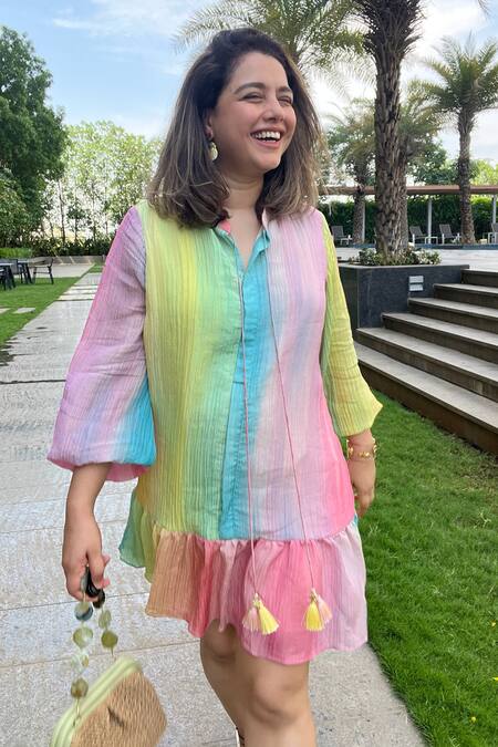 Shop_Sonam Parmar Jhawar_Collared Multicolor Crushed Dress_Online_at_Aza_Fashions