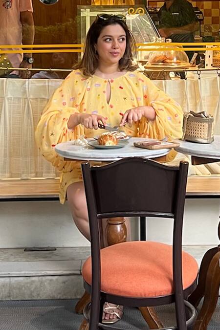 Sonam Parmar Jhawar_Yellow Crepe Keyhole Neck Designer Dress_Online_at_Aza_Fashions