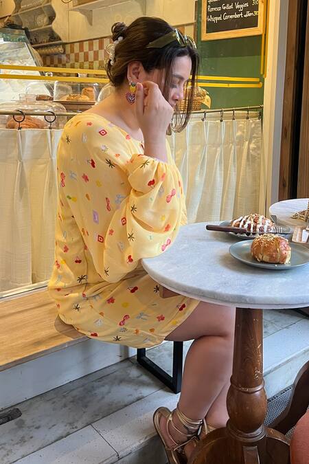 Buy_Sonam Parmar Jhawar_Yellow Crepe Keyhole Neck Designer Dress