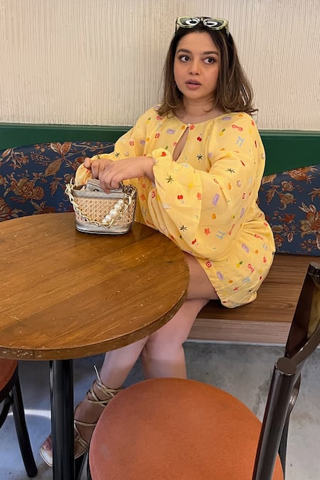 Shop_Sonam Parmar Jhawar_Yellow Crepe Keyhole Neck Designer Dress