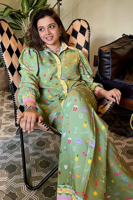 Sonam Parmar Jhawar_Green Cotton Collared Printed Soft Shirt And Pant Set_Online_at_Aza_Fashions