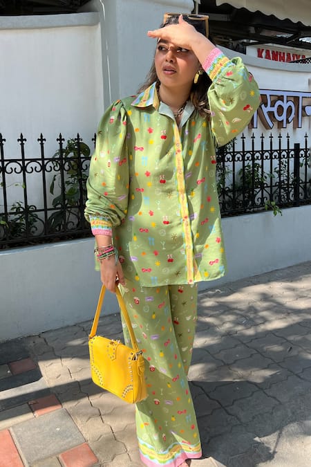 Buy_Sonam Parmar Jhawar_Green Cotton Collared Printed Soft Shirt And Pant Set