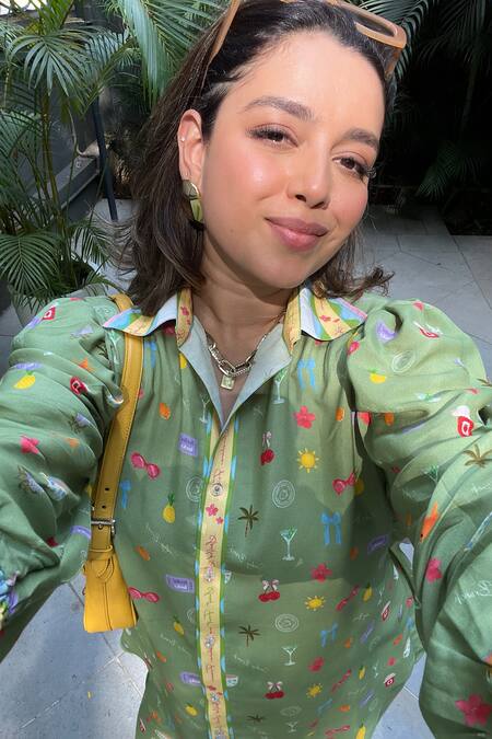 Shop_Sonam Parmar Jhawar_Green Cotton Collared Printed Soft Shirt And Pant Set