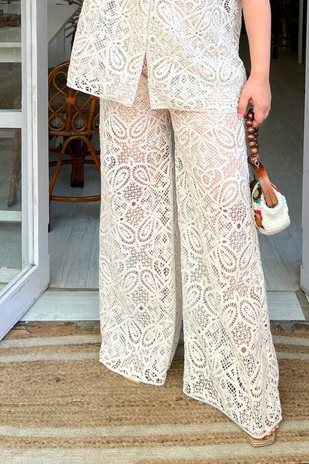 Sonam Parmar Jhawar_Beige Collared Crochet Boho Shirt And Pant Set_Online_at_Aza_Fashions