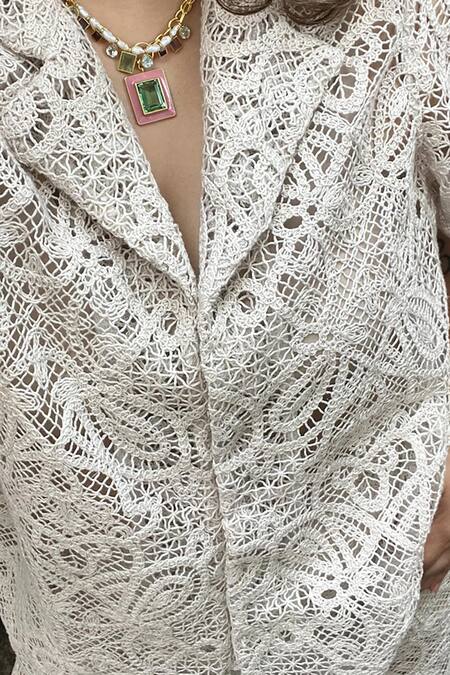 Buy_Sonam Parmar Jhawar_Beige Collared Crochet Boho Shirt And Pant Set_Online_at_Aza_Fashions