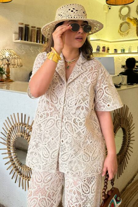 Shop_Sonam Parmar Jhawar_Beige Collared Crochet Boho Shirt And Pant Set
