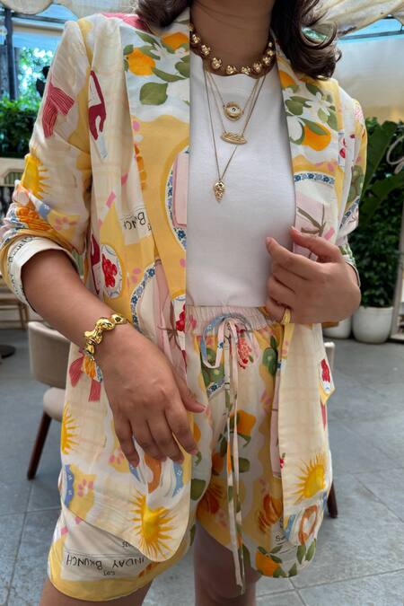 Shop_Sonam Parmar Jhawar_Cotton Open Neck Multicolor Soft Jacket And Shorts Set _Online_at_Aza_Fashions