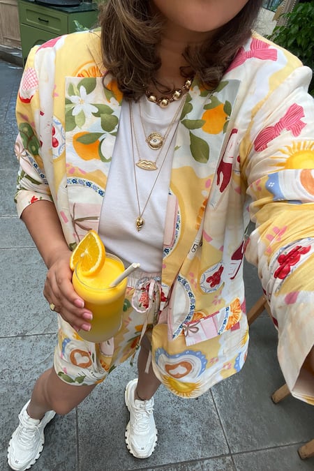 Shop_Sonam Parmar Jhawar_Cotton Open Neck Multicolor Soft Jacket And Shorts Set 