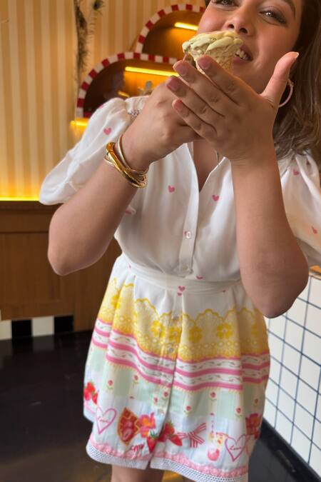 Buy_Sonam Parmar Jhawar_White Cotton Collared Multicolor Designer Dress With Belt_Online_at_Aza_Fashions