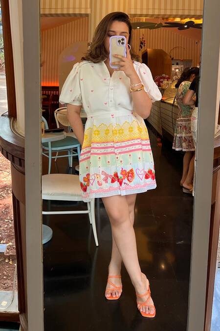 Buy_Sonam Parmar Jhawar_White Cotton Collared Multicolor Designer Dress With Belt