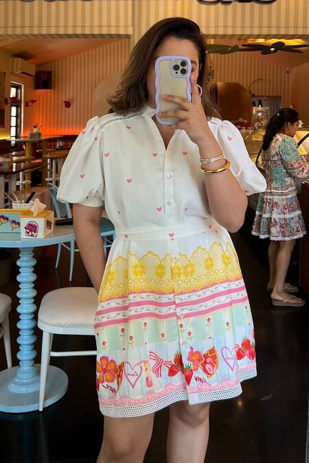 Shop_Sonam Parmar Jhawar_White Cotton Collared Multicolor Designer Dress With Belt