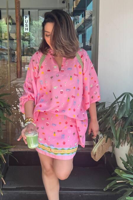 Buy_Sonam Parmar Jhawar_Pink Cotton Collared Designer Skirt And Top Set_Online_at_Aza_Fashions