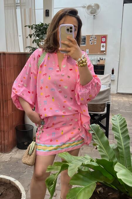 Shop_Sonam Parmar Jhawar_Pink Cotton Collared Designer Skirt And Top Set_Online_at_Aza_Fashions