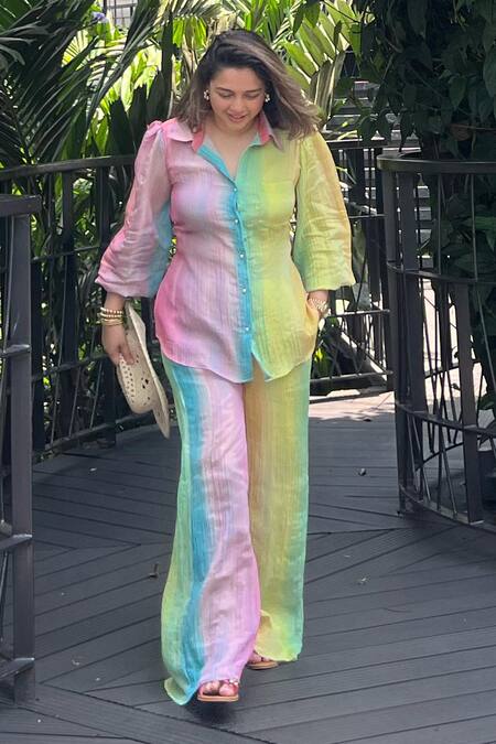 Sonam Parmar Jhawar_Multi Color Collared Multicolor Crush Fabric Shirt And Pant Set_Online_at_Aza_Fashions