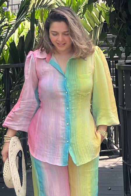 Buy_Sonam Parmar Jhawar_Multi Color Collared Multicolor Crush Fabric Shirt And Pant Set_Online_at_Aza_Fashions