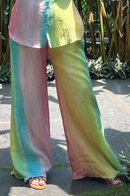 Shop_Sonam Parmar Jhawar_Multi Color Collared Multicolor Crush Fabric Shirt And Pant Set_Online_at_Aza_Fashions