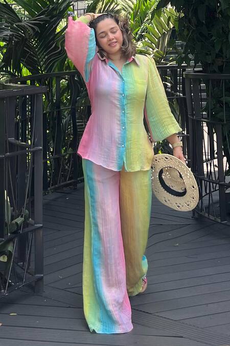 Sonam Parmar Jhawar_Multi Color Collared Multicolor Crush Fabric Shirt And Pant Set_at_Aza_Fashions