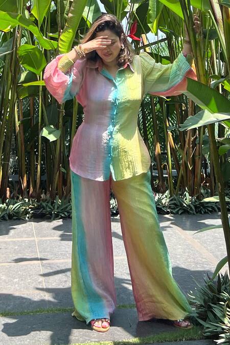 Buy_Sonam Parmar Jhawar_Multi Color Collared Multicolor Crush Fabric Shirt And Pant Set