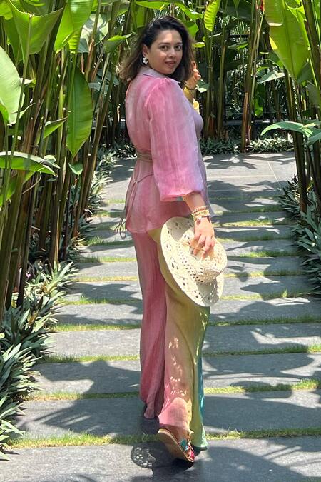 Shop_Sonam Parmar Jhawar_Multi Color Collared Multicolor Crush Fabric Shirt And Pant Set