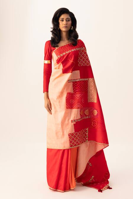 Naina Jain_Red Silk Gota Patti Bandhani Patchwork Saree Set _Online_at_Aza_Fashions
