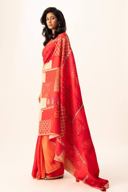 Buy_Naina Jain_Red Silk Gota Patti Bandhani Patchwork Saree Set _Online_at_Aza_Fashions