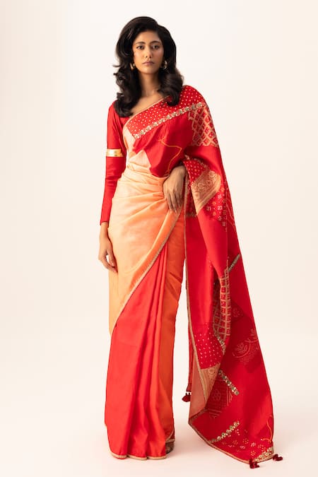 Naina Jain Red Silk Gota Patti Bandhani Patchwork Saree Set 