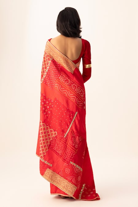 Naina Jain Red Bandhani Patchwork Saree Set 
