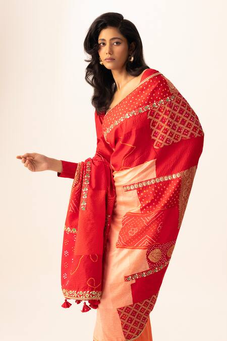 Shop_Naina Jain_Red Silk Gota Patti Bandhani Patchwork Saree Set _Online_at_Aza_Fashions