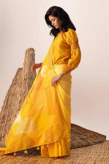 Naina Jain Yellow Silk Bandhani Patchwork Saree Online at Aza Fashions Naina Jain_Yellow Silk Bandhani Patchwork Saree _Online_at_Aza_Fashions