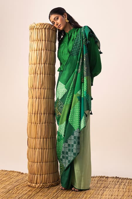 Naina Jain Green Silk Tassels Bandhani Patchwork Saree