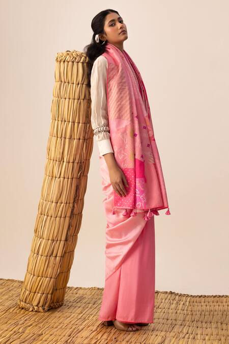 Buy_Naina Jain_Pink Silk Bandhani Patchwork Saree _Online_at_Aza_Fashions