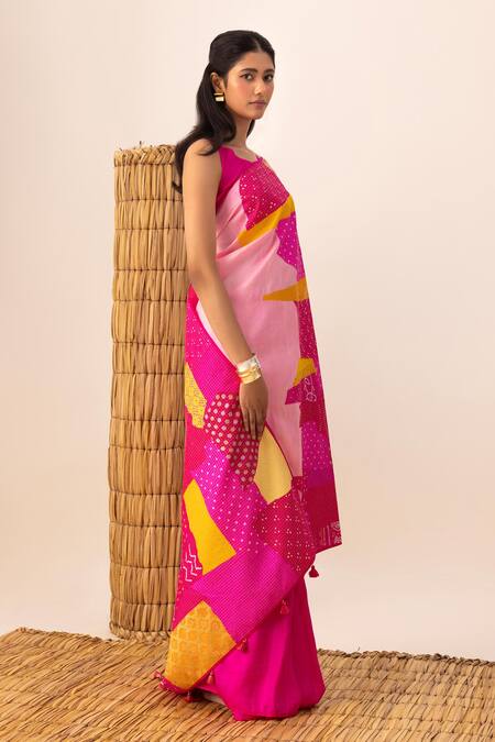 Naina Jain_Pink Silk Rani Multi Bandhani Patchwork Saree _Online_at_Aza_Fashions