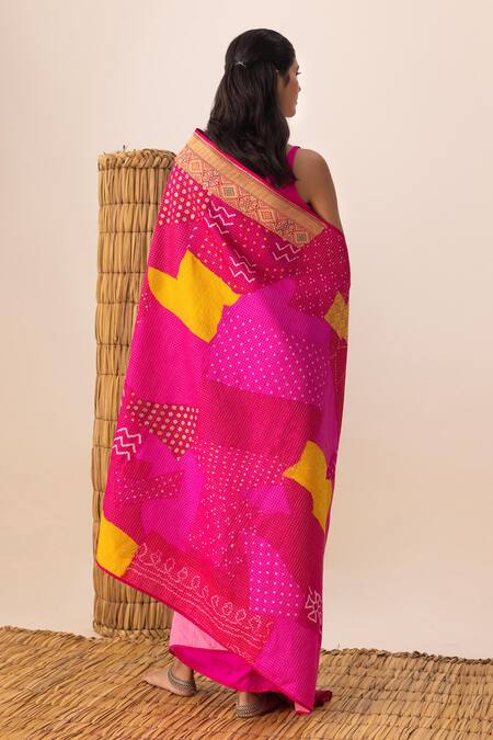Buy_Naina Jain_Pink Silk Rani Multi Bandhani Patchwork Saree _Online_at_Aza_Fashions