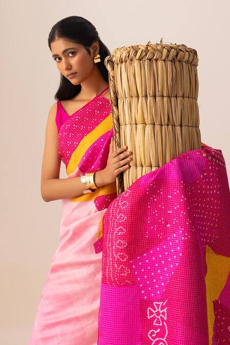 Shop_Naina Jain_Pink Silk Rani Multi Bandhani Patchwork Saree _Online_at_Aza_Fashions